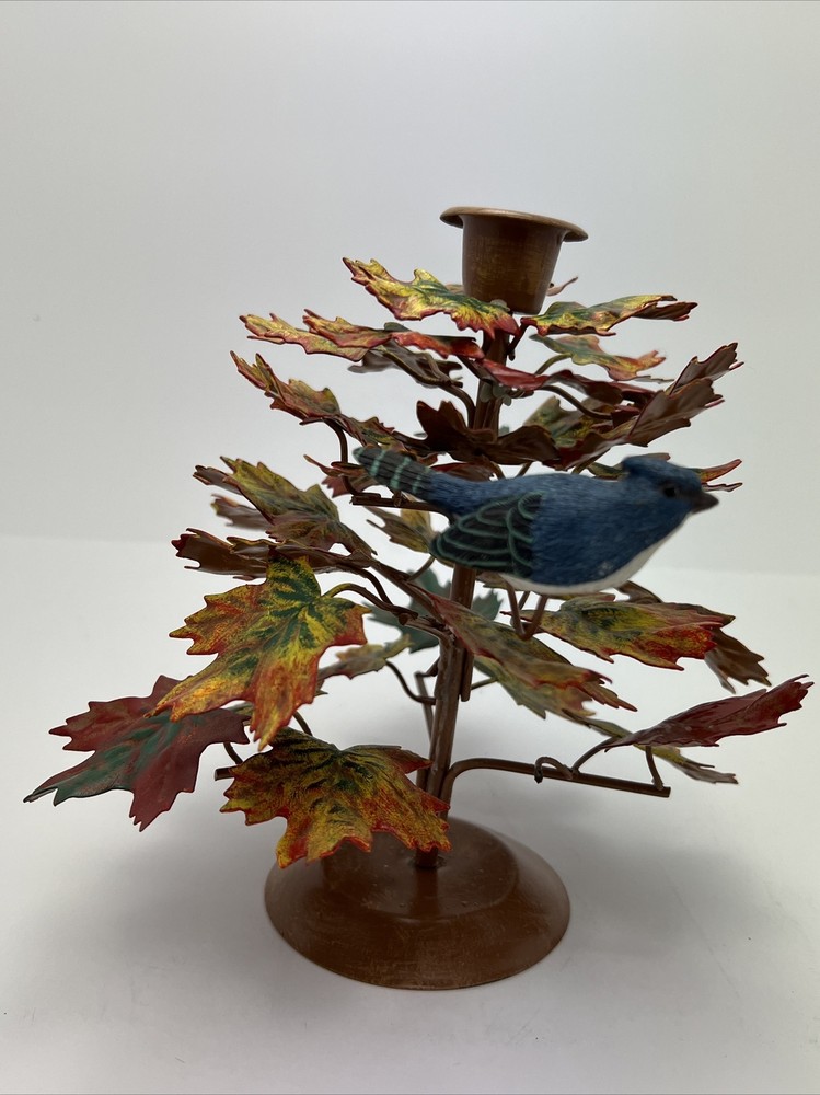 Medium Maple Leaf Taper Candle Holder with wood Blue Jay