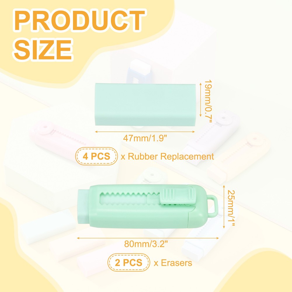 2+4Pack Erasers, Sliding Retractable Eraser Push Pull Pencil Eraser, Light Green
