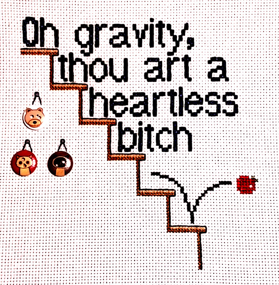Oh Gravity - 7.5" x 9" Finished, completed cross stitch