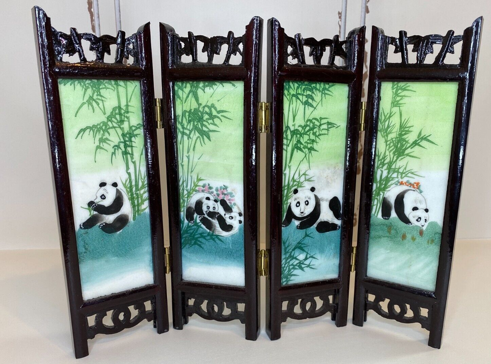 Marble Articles 8” High 2-Sided Hand Painted Mini Screen Pandas & Seasons