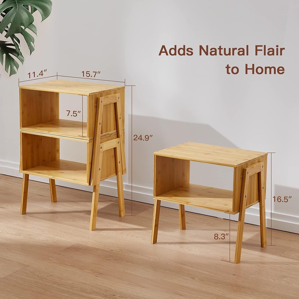 Bamboo Stackable Nightstand, Bedroom Storage Nightstand, Set of 2