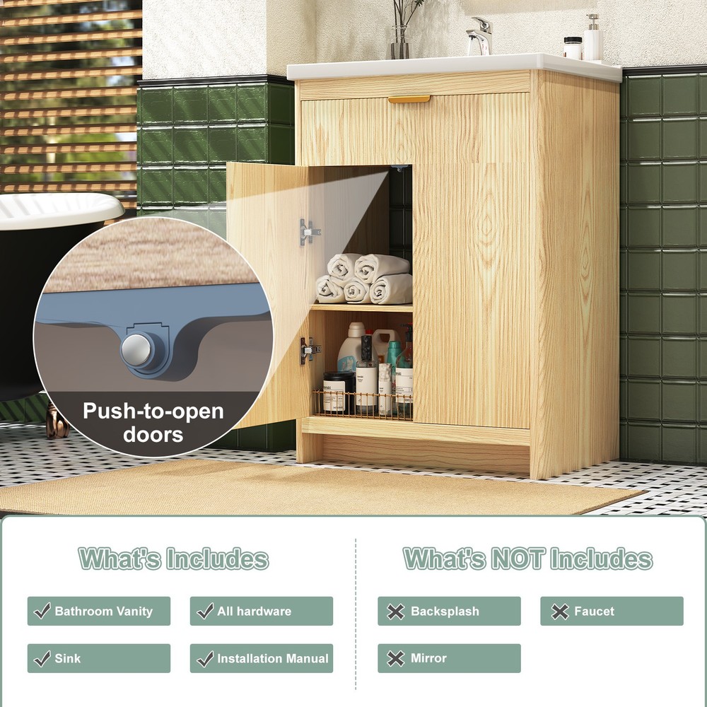 Single Sink Bathroom Cabinet w/ Integrated Ceramic Washbasin&Ample Storage Space