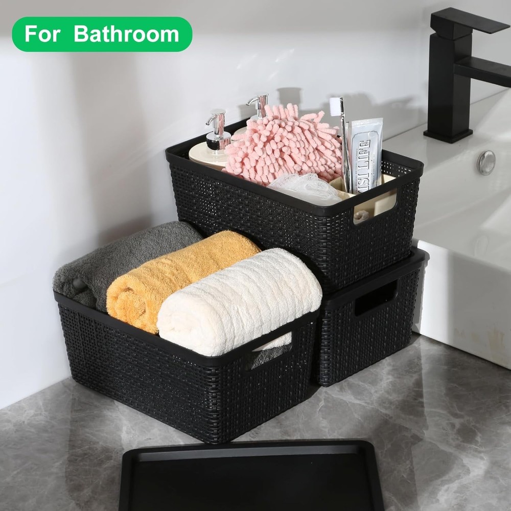 6 Pack Plastic Storage Baskets With Lids,Black Breathable Stackable Storage Bins