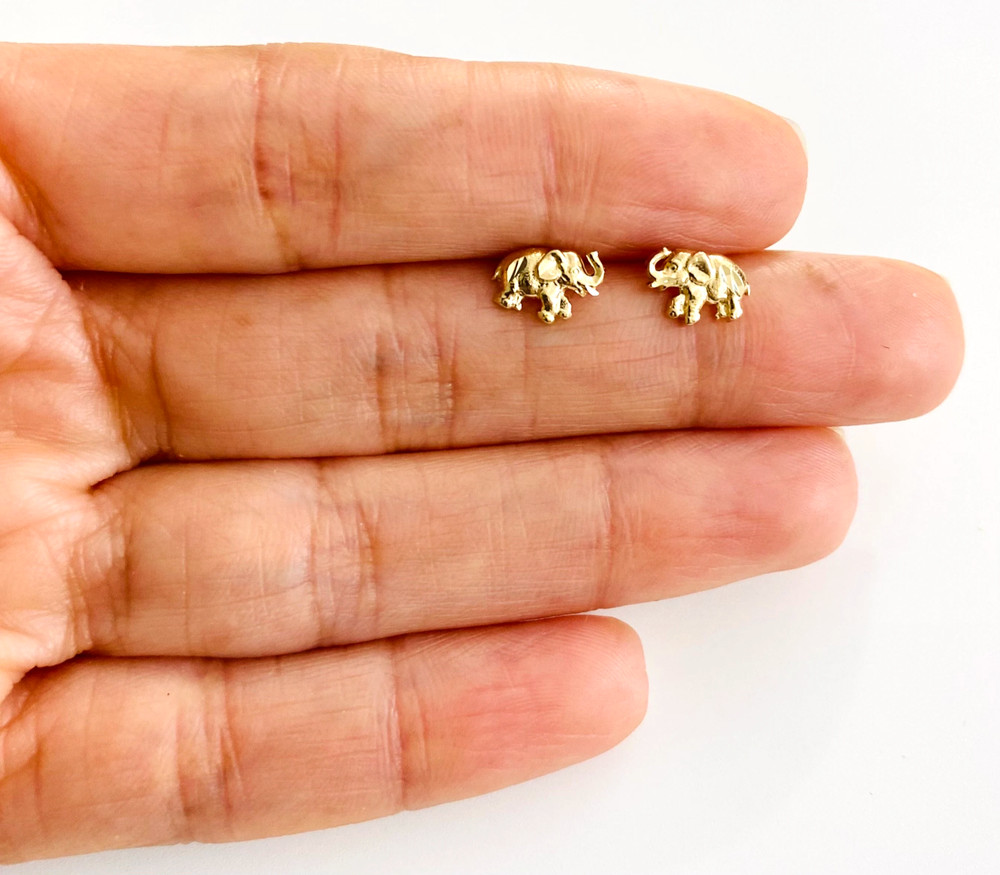 14K Solid Yellow Gold Elephant Stud Earrings 6mm x 8.5mm Good Luck - ER1205