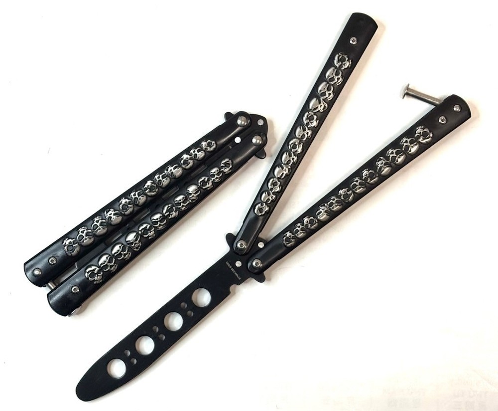 SILVER Skull High Quality Practice METAL Trainer Blade BUTTERFLY HANDLE