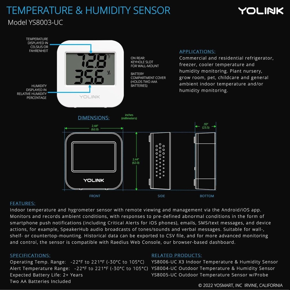 Smart Wireless Temperature & Humidity Sensor, Wide Temp Range for Fridge, Gre...