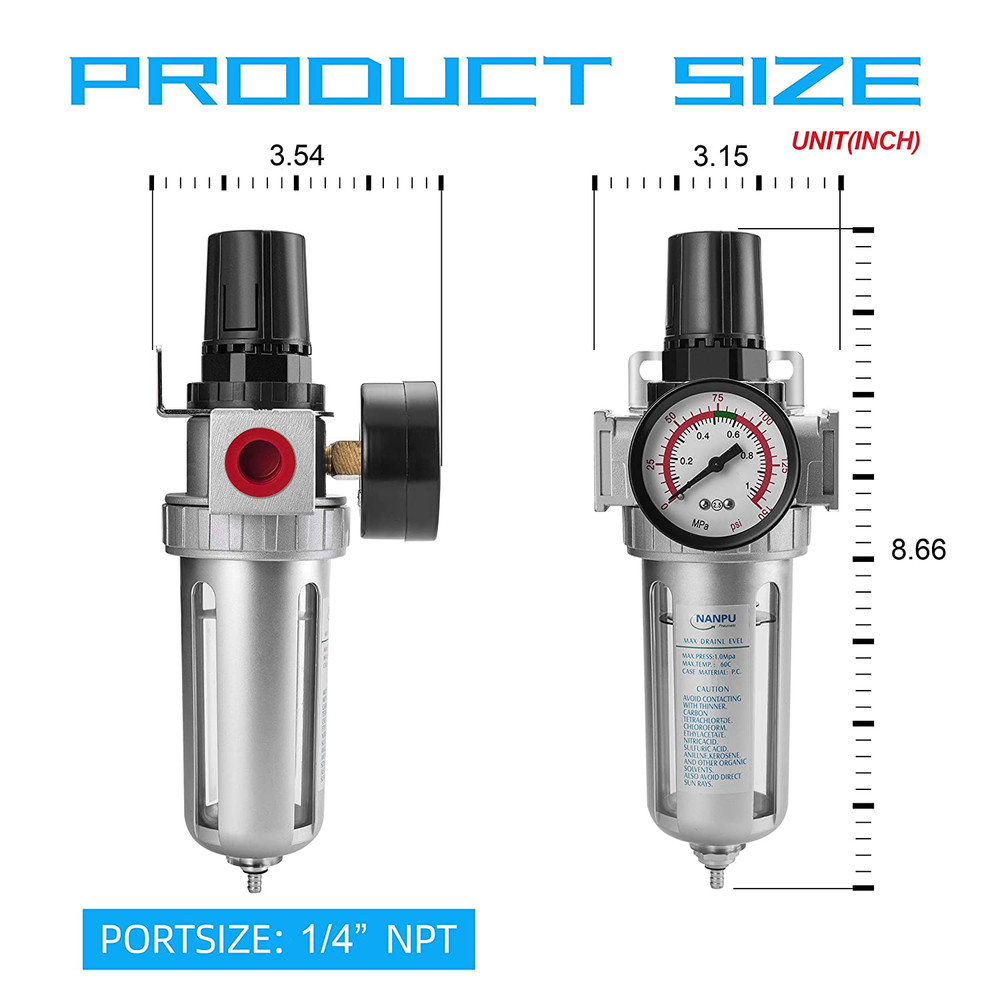 1/4" NPT Compressed Air Filter Regulator Combo, Air Filter Pressure Regulator
