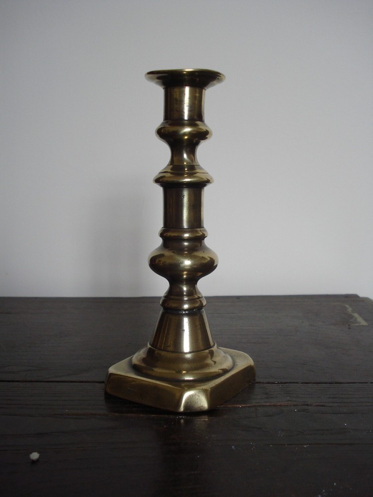 ANTIQUE 19TH C BRASS BALUSTER STEM CANDLESTICK WITH EJECTOR  2