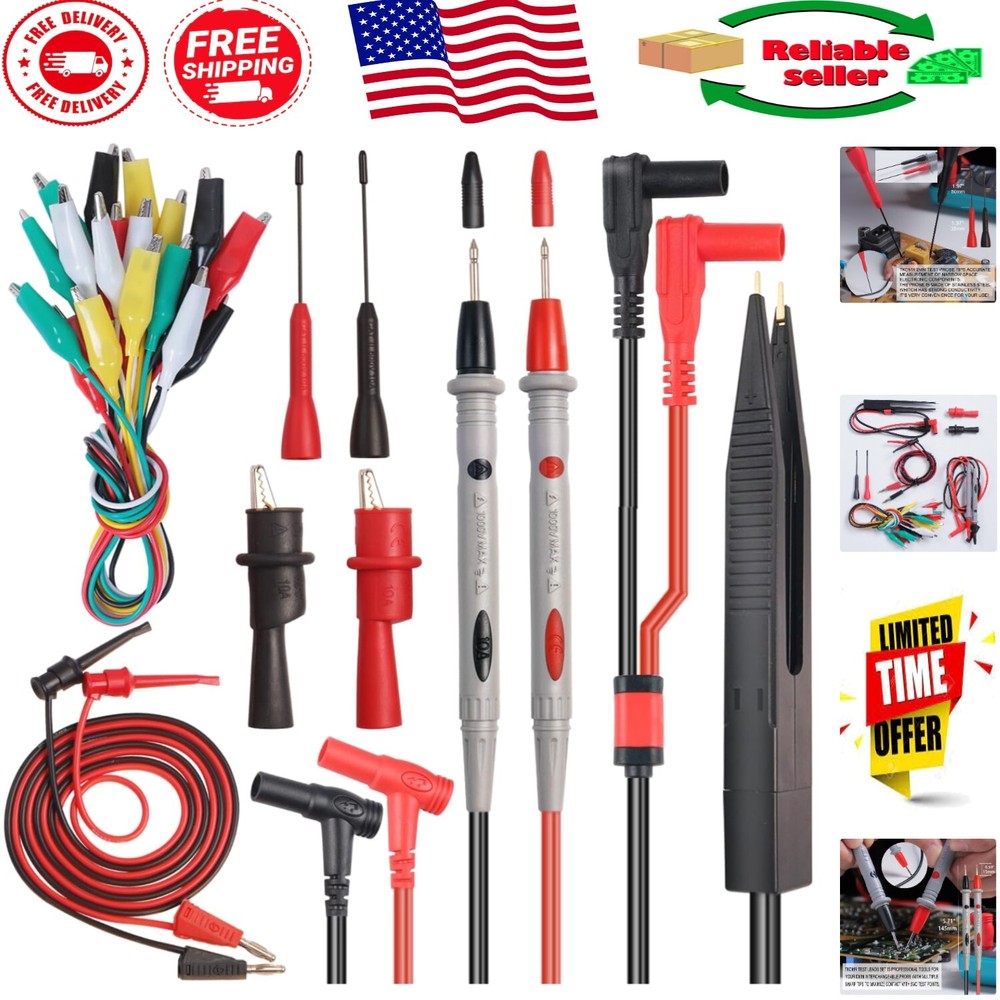 Versatile 19-Pc Electrical Multimeter Lead Set with Soft Grip Probes & Clips