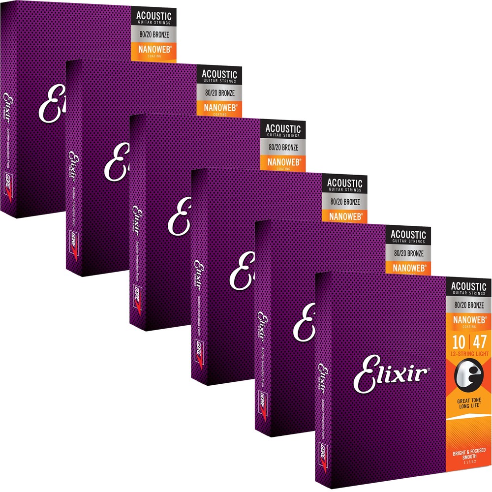 6 Sets Elixir 11152 NANOWEB 80/20 12-String Light Acoustic Guitar Strings