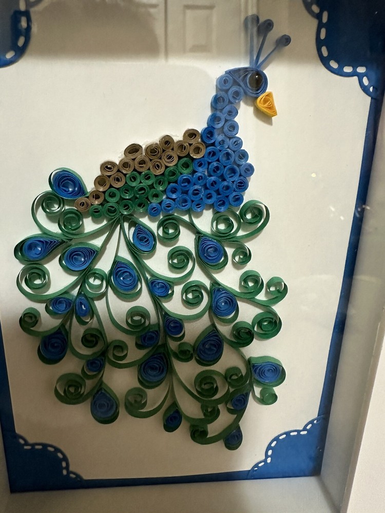 Framed Quillwork Peacock 6x8 White Frame Wall-hanging Handcrafted