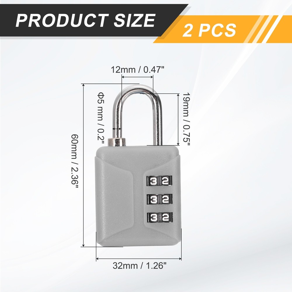 2pcs Resettable 3 Digit Plastic Combination Padlock, Gray (60 x 32mm)