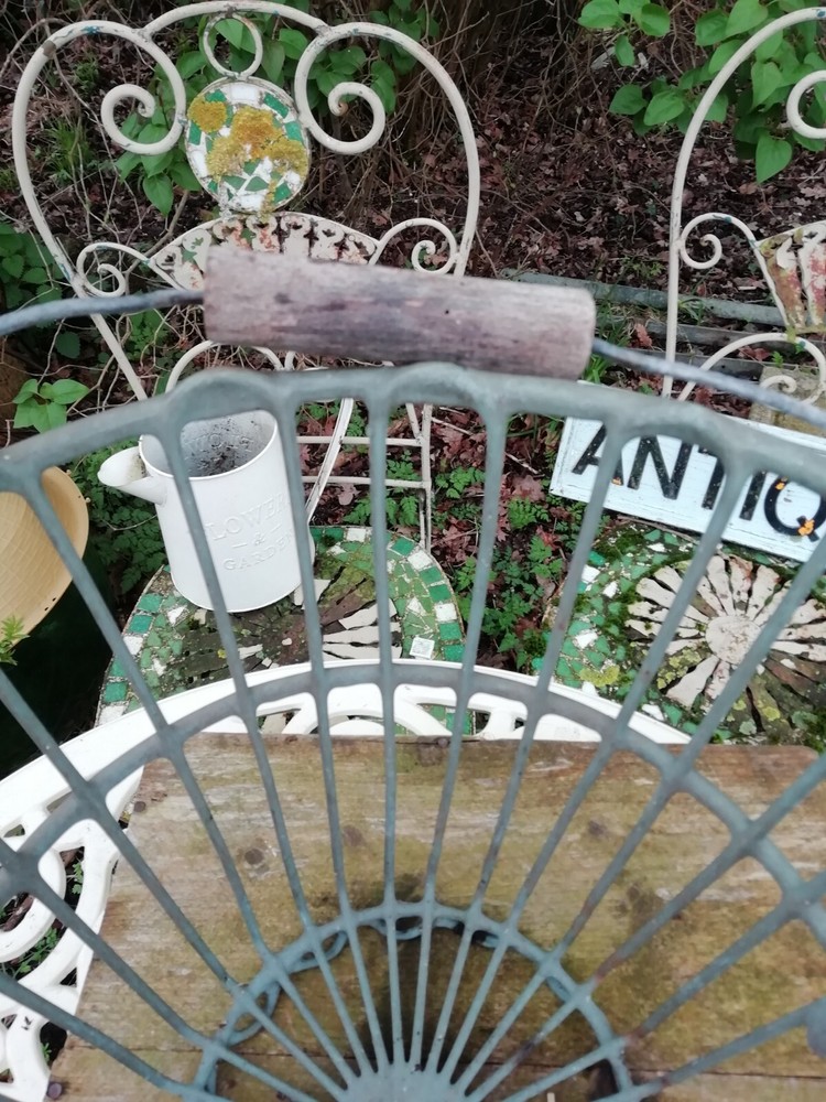 Vintage Metal Open Work Basket With Turned Wood Handle