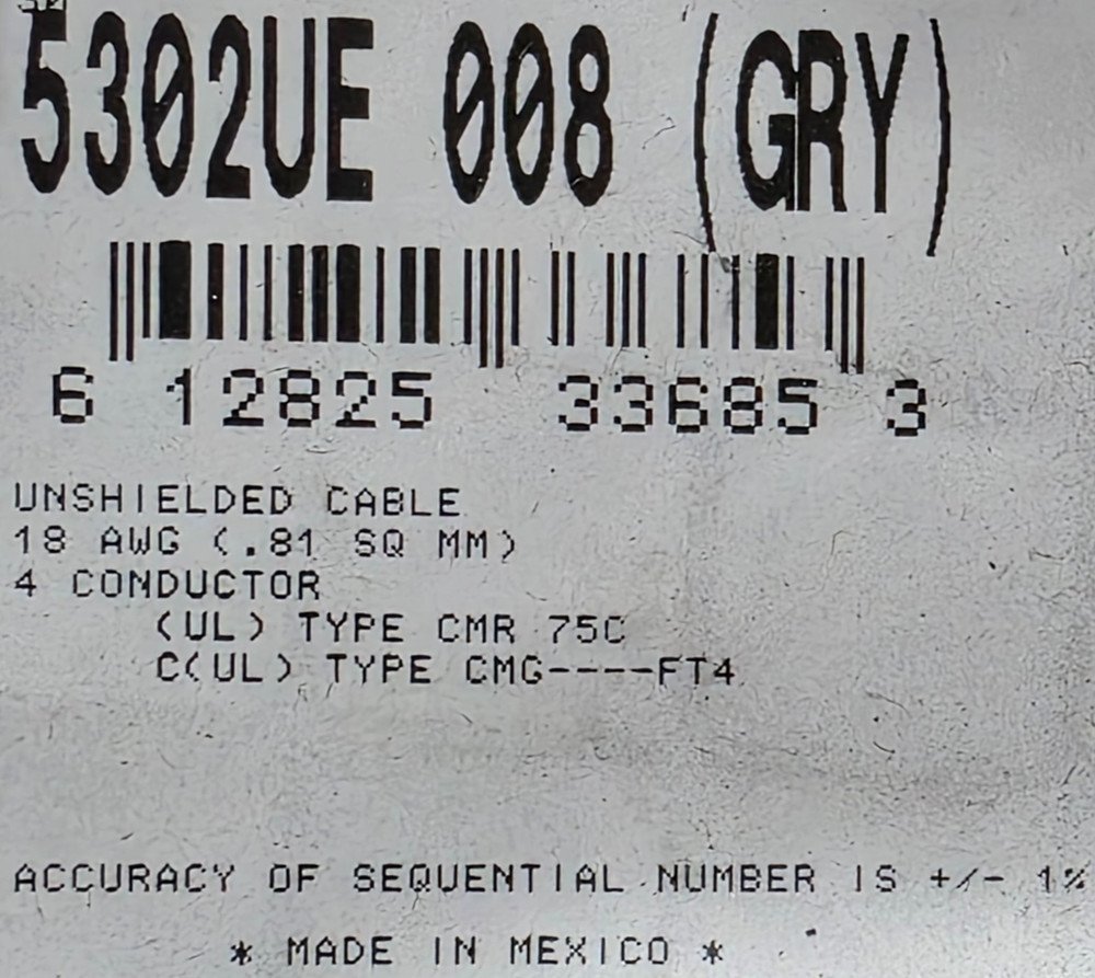 Belden 5302UE 18/4C Audio/Communication/Security Cable Riser CMR Gray /50ft