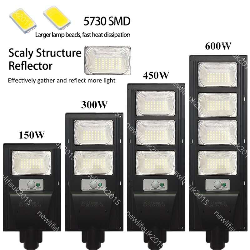 LED Solar Power Street Lamp Cool White 150-600W Remote+Pole Radar Sensor Pathway