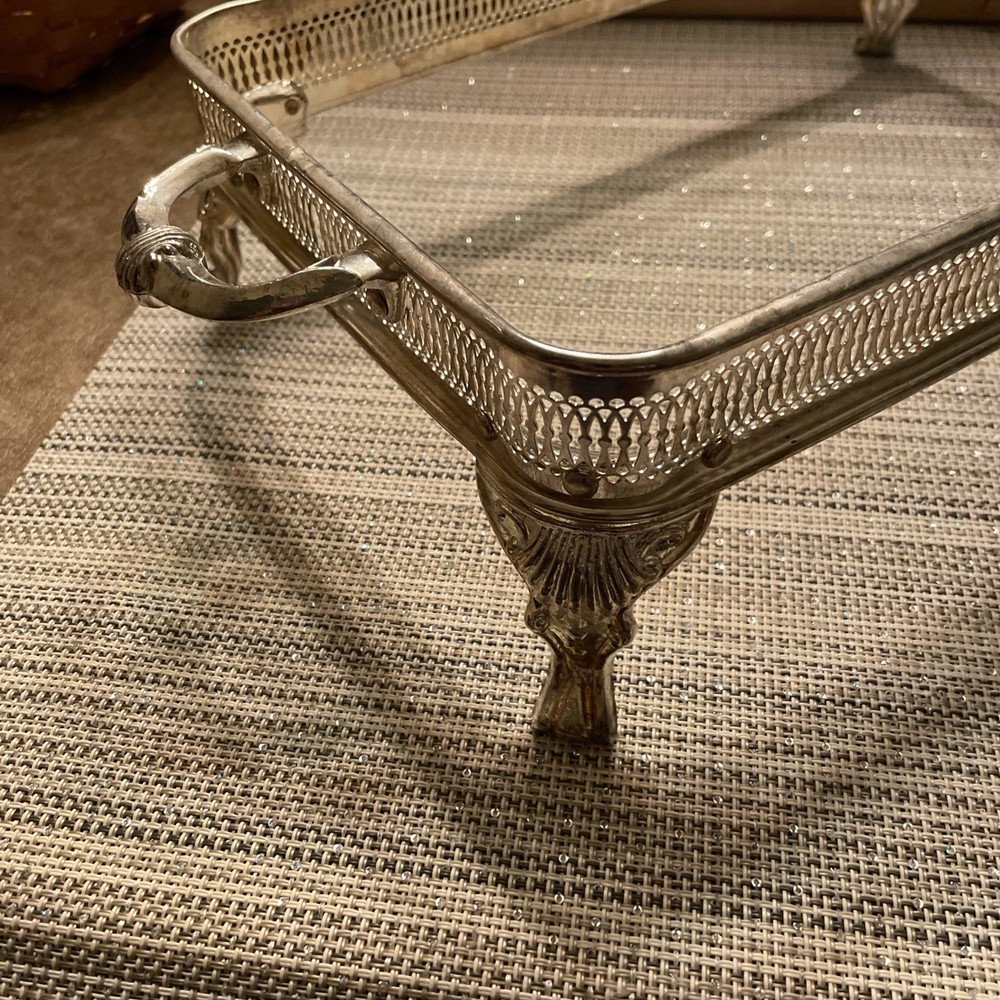 TRAY Silverplate Rectangular Ornate Handles Feet 13” X 8”