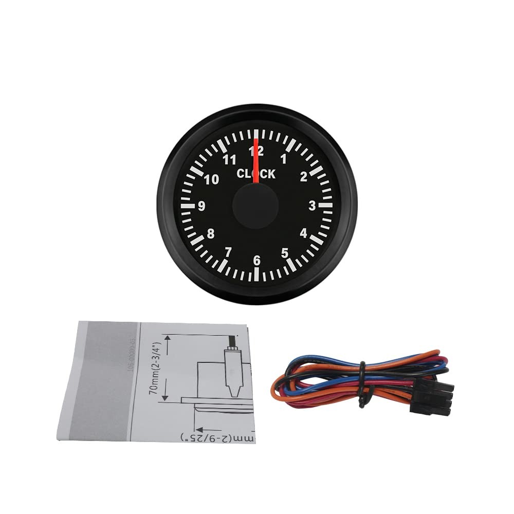 ELING 2" Auto Marine Clock Gauge Meter 12-Hour Format with Black+Black
