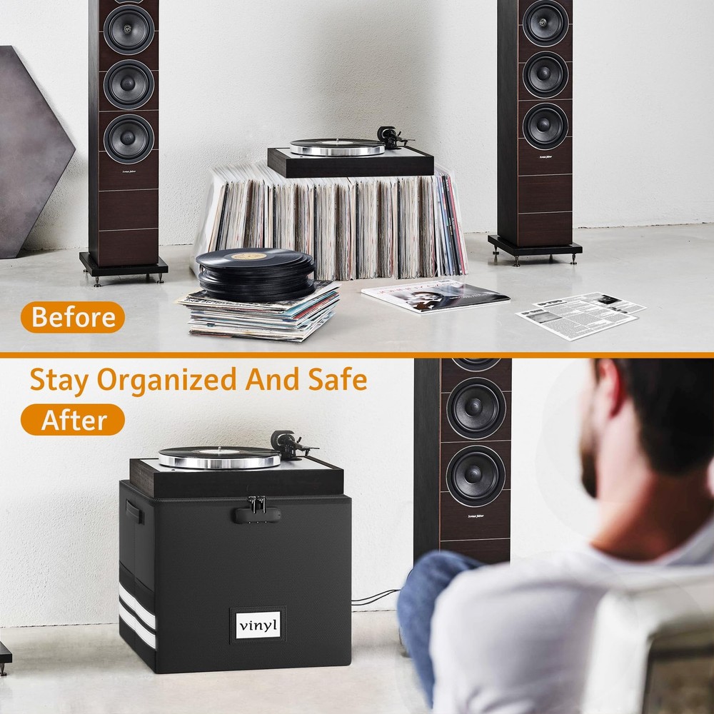 Vinyl Record Storage Box with Lock, Fireproof Waterproof Resistant Organizer ...