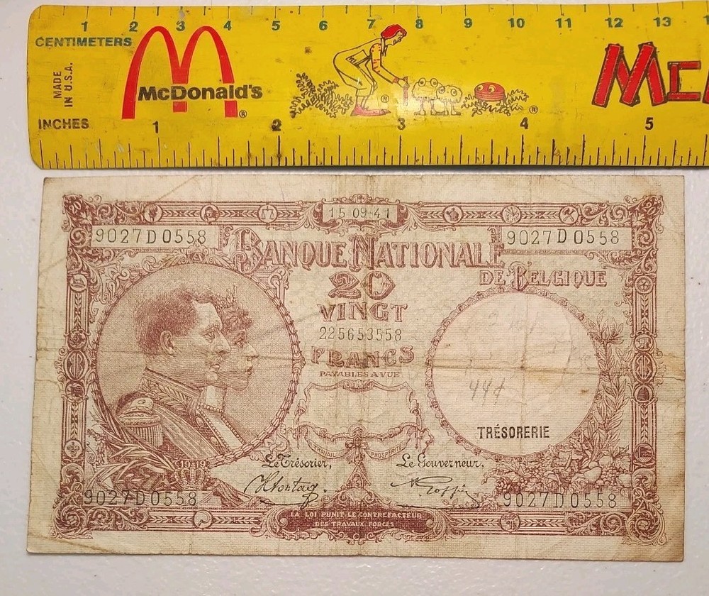 1941 Belgium 20 Francs Note; Pick 111 Circulated
