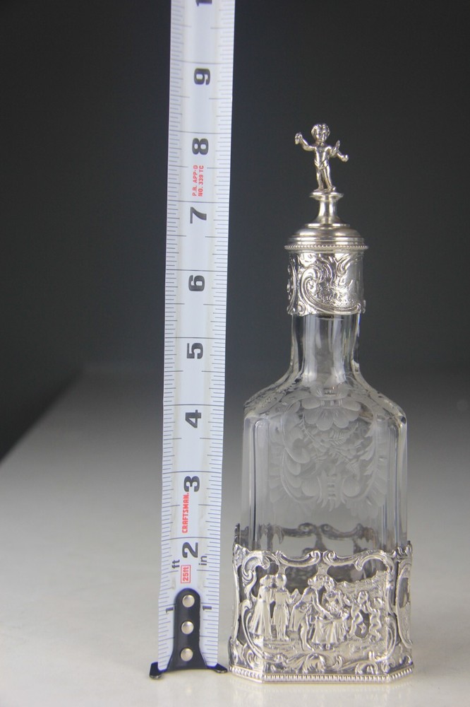 Antique Germany 800 Silver Mounted Engraved Glass Liqueur Decanter