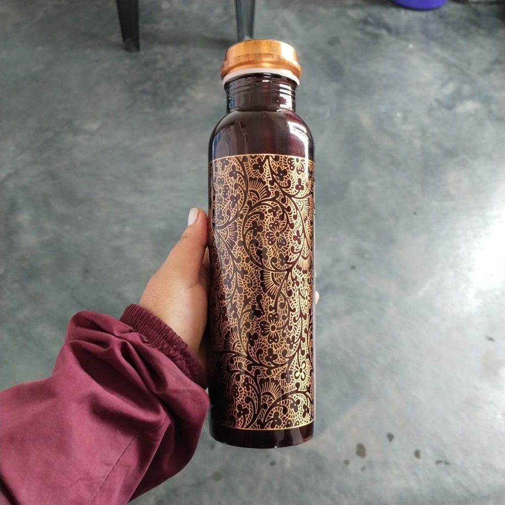 2 Pack 34 Ounce Pure Copper Water Bottle with Printed Tree Bark Design, Ayur...