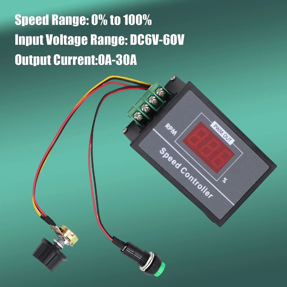DC Motor PWM Speed Controller 0-100% Adjustable 30A 6-60V w/ Start Stop