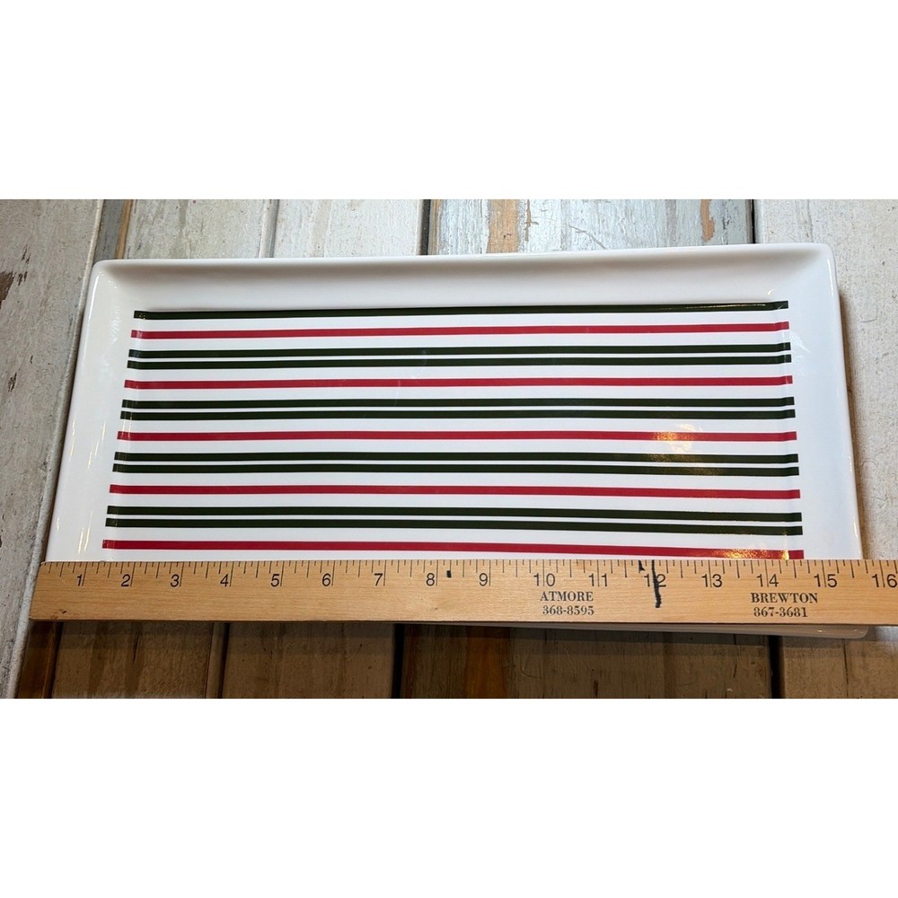 Eddie Bauer Holiday Platter Rectangular Ceramic Serving Tray Striped New in Box