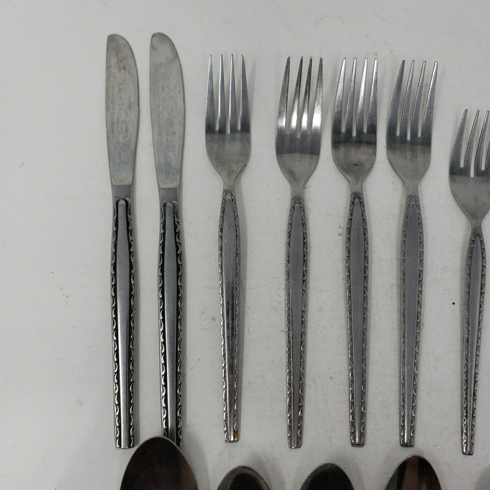 Rogers Stainless ENSENADA Korea Flatware Silverware Scroll Black Accent MCM 15pc