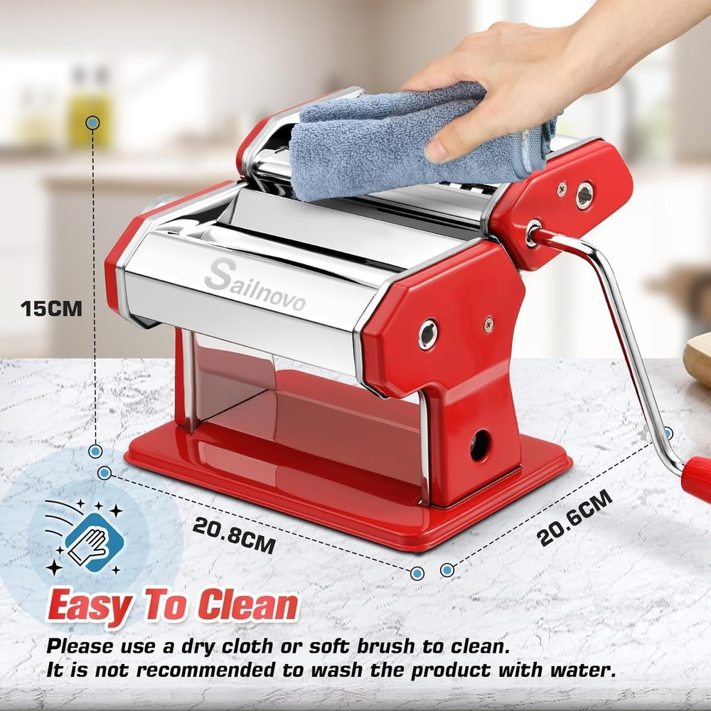 Red 180 Roller Manual Pasta Maker Machine with 9 Thickness Settings