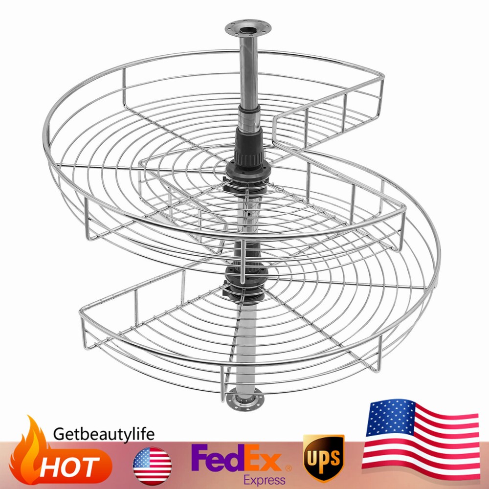 24" Kidney Chrome 2-Shelf Lazy Susan Kitchen Base Cabinet Corner Organizer Rack