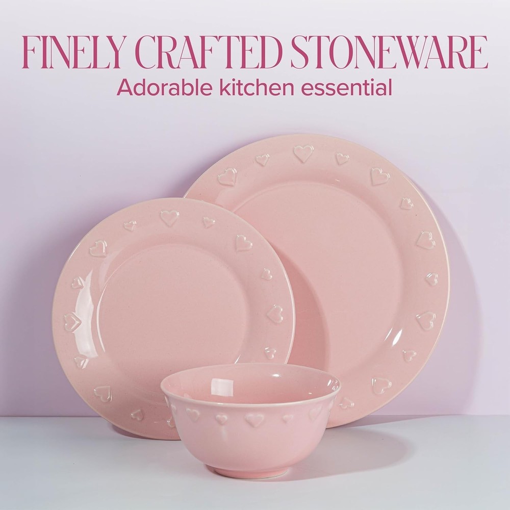 Ceramic Stoneware 12-Piece Dinnerware Set, Embossed Hearts. Iconic