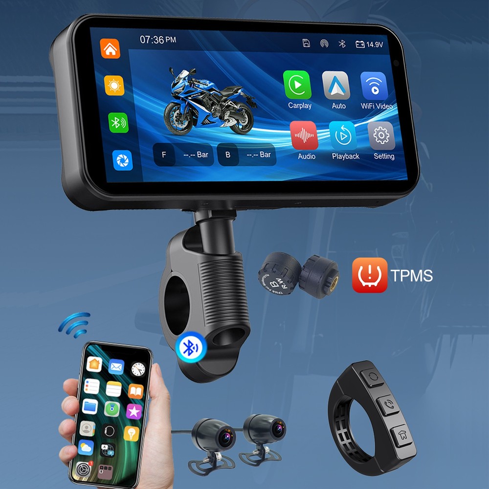 Wireless Motorcycle CarPlay Android Auto 6.25" Touch Screen GPS Navigation+TPMS