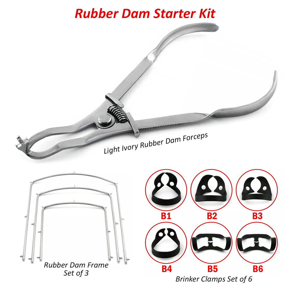 Rubber Dam Starter Kit with Frame Light Ivory Clamp Forceps Dental Instruments