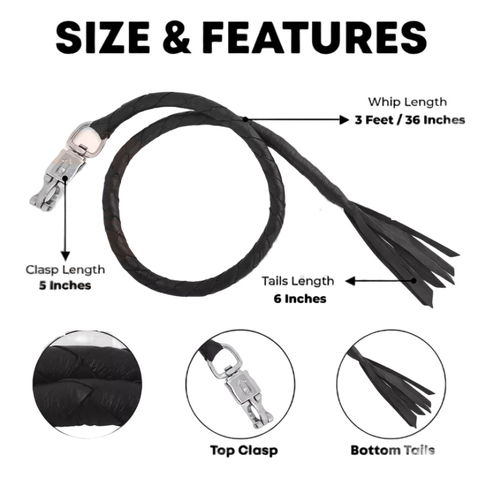 Get Back 36" Leather Whip Biker Whip for Handlebar Black Motorcycle
