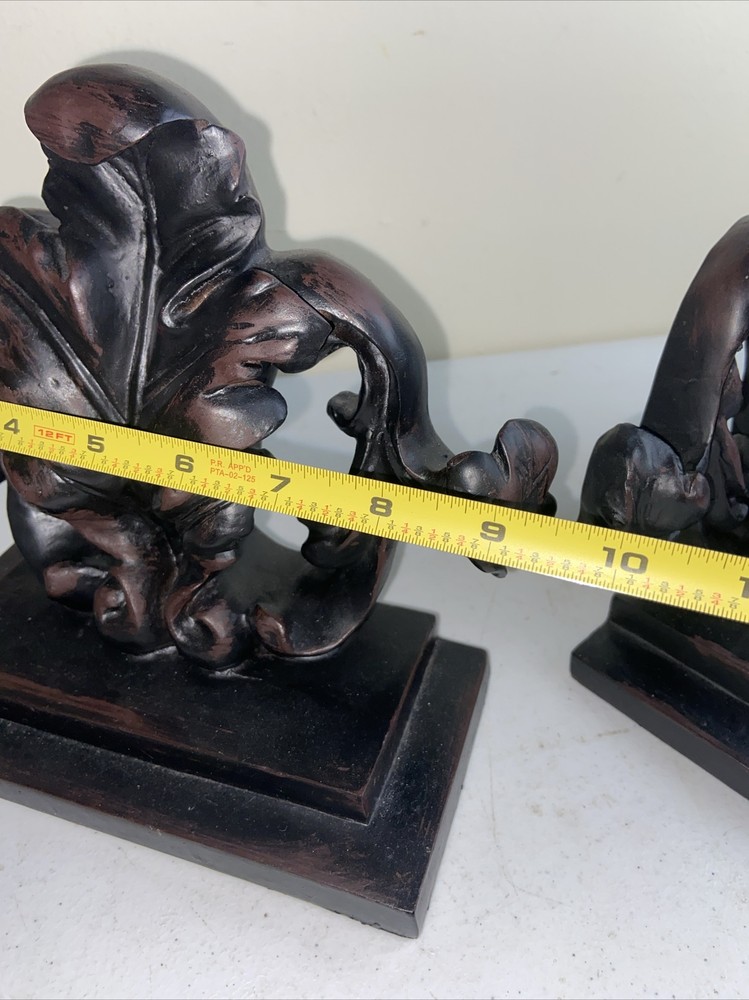 Pair Floral Scroll Carved Resin Bookends Dark Brown/Black 9”x8” Solid Decor