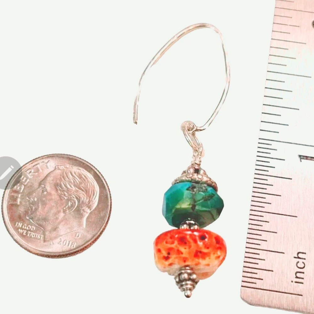 Orange Spiny Oyster & Crysocolla Sterling Artisan Earring