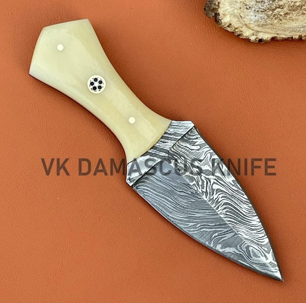 Damascus Small Fixed Blade Neck Knife with Sheath, Handmade Double Edge Dagger