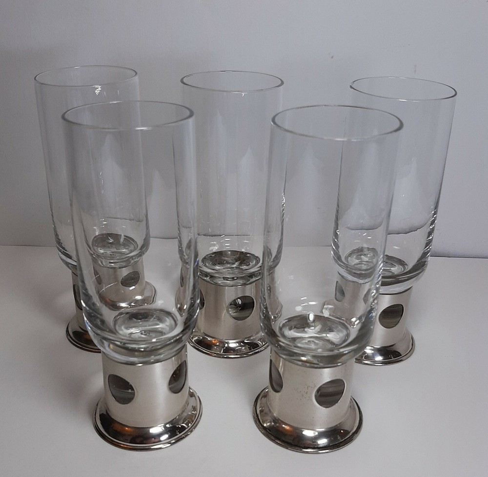 5 Bicchieri con Supporto Argento 800 Design Modernariato Italiano