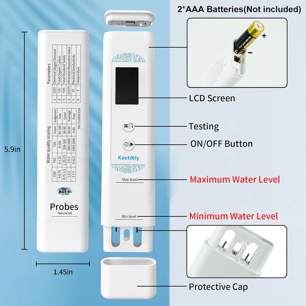 6 in 1 Digital Water Tester for Drinking Water, Lab Grade Toc/Cod/Ec/Uv275/Temp/