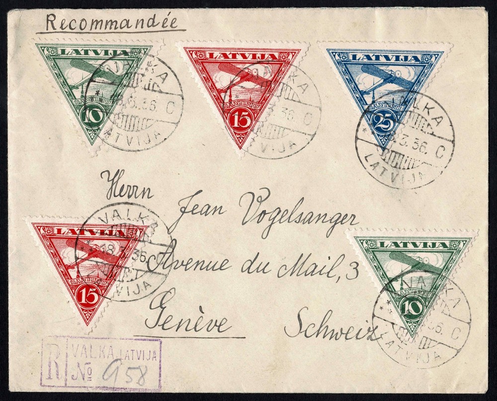 Latvia 1936 Reg’d Airmail, Triangular Set, Valkā to Geneva, Lidpasts, Arrival