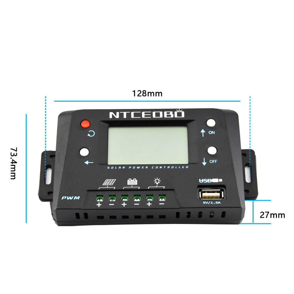 Large LCD Display 10A Solar Charge Controller 12V/24V,Double Button,USB Port