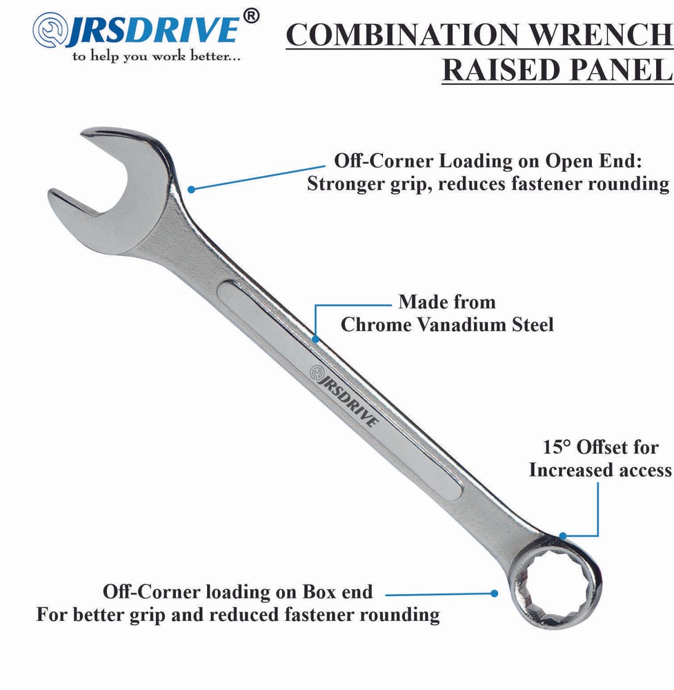 JRSDRIVE Raised Panel Combination Wrench Set, Carbon Steel, 15° Offset, 12 point