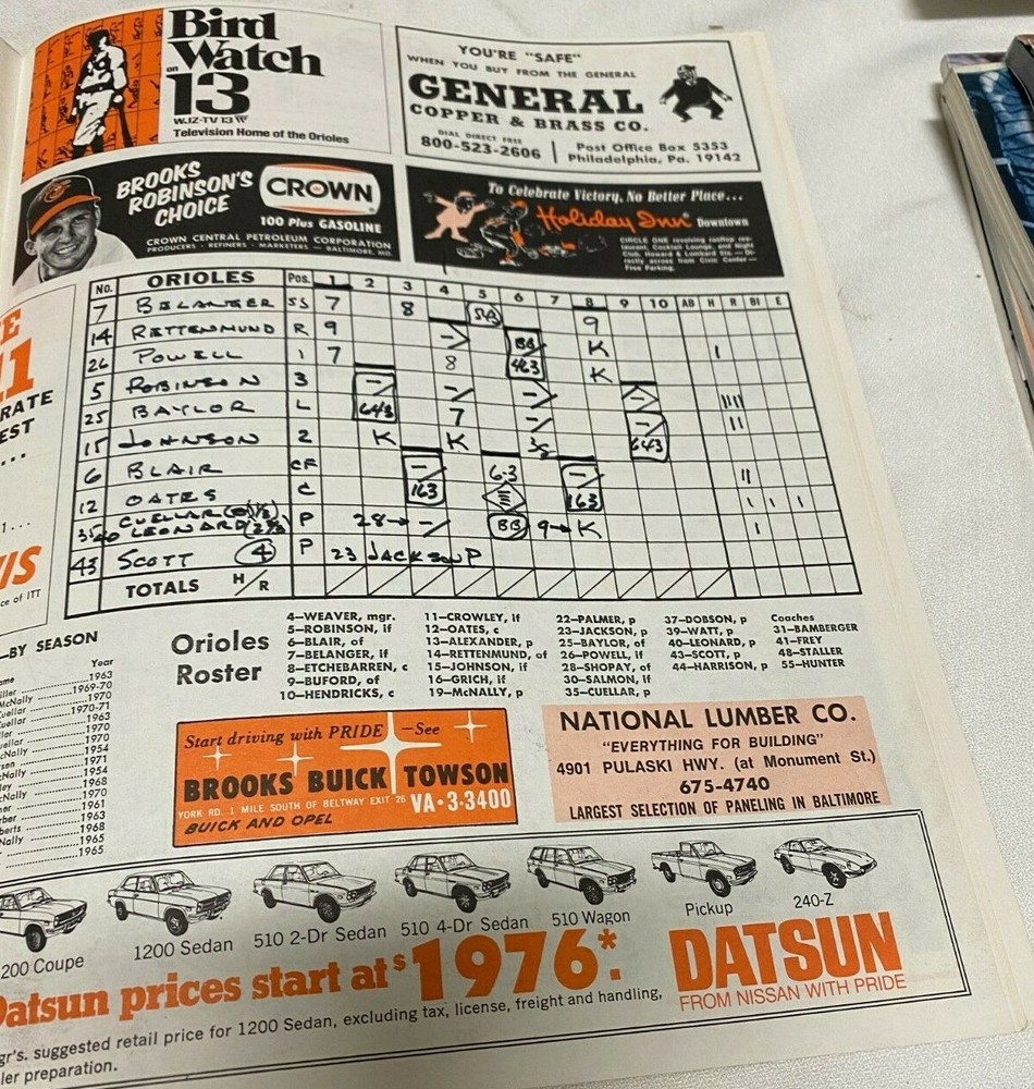 May 6, 1972 Orioles vs Royals Baseball Program---Cuellar vs Drago EX