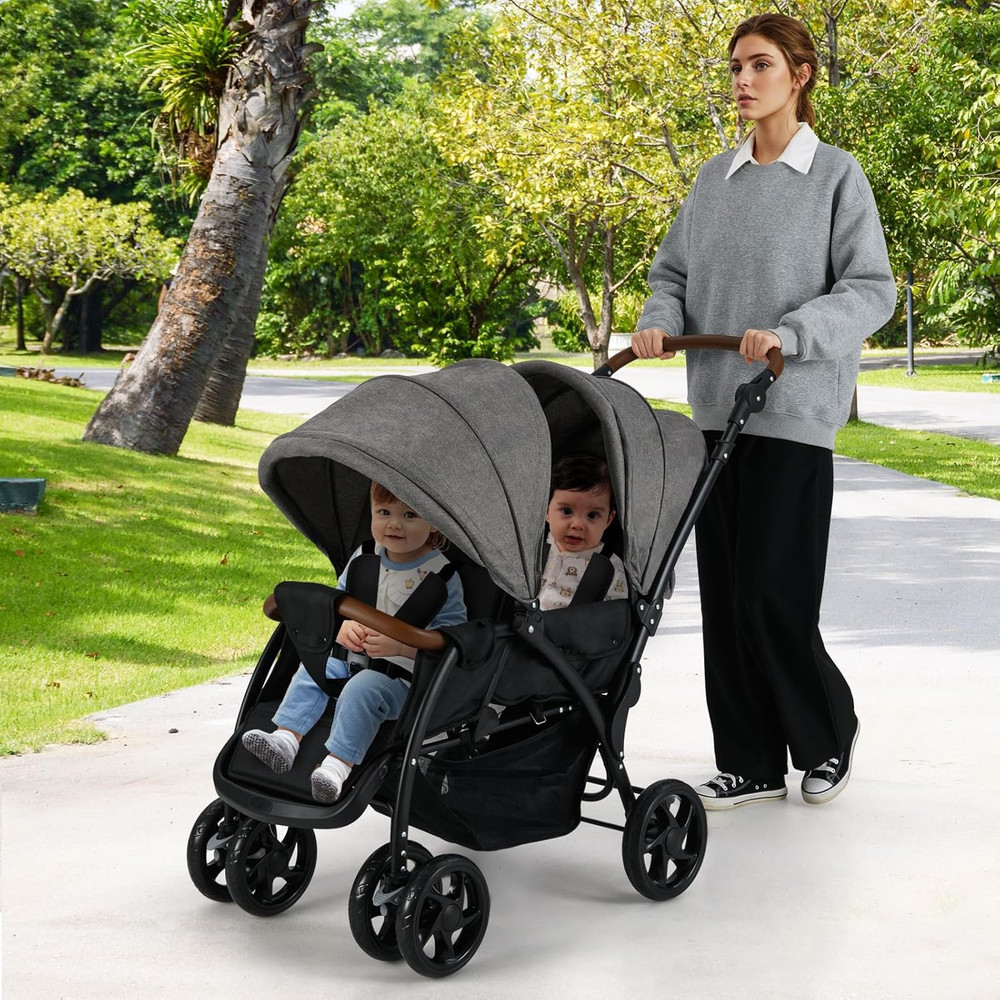Compact Double Stroller with Adjustable Canopy, Harness & Storage Basket
