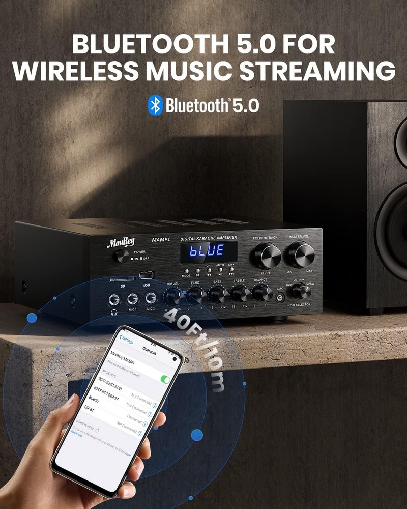 Compact 2.0 Channel Bluetooth Audio Amplifier & Karaoke System with LED Display