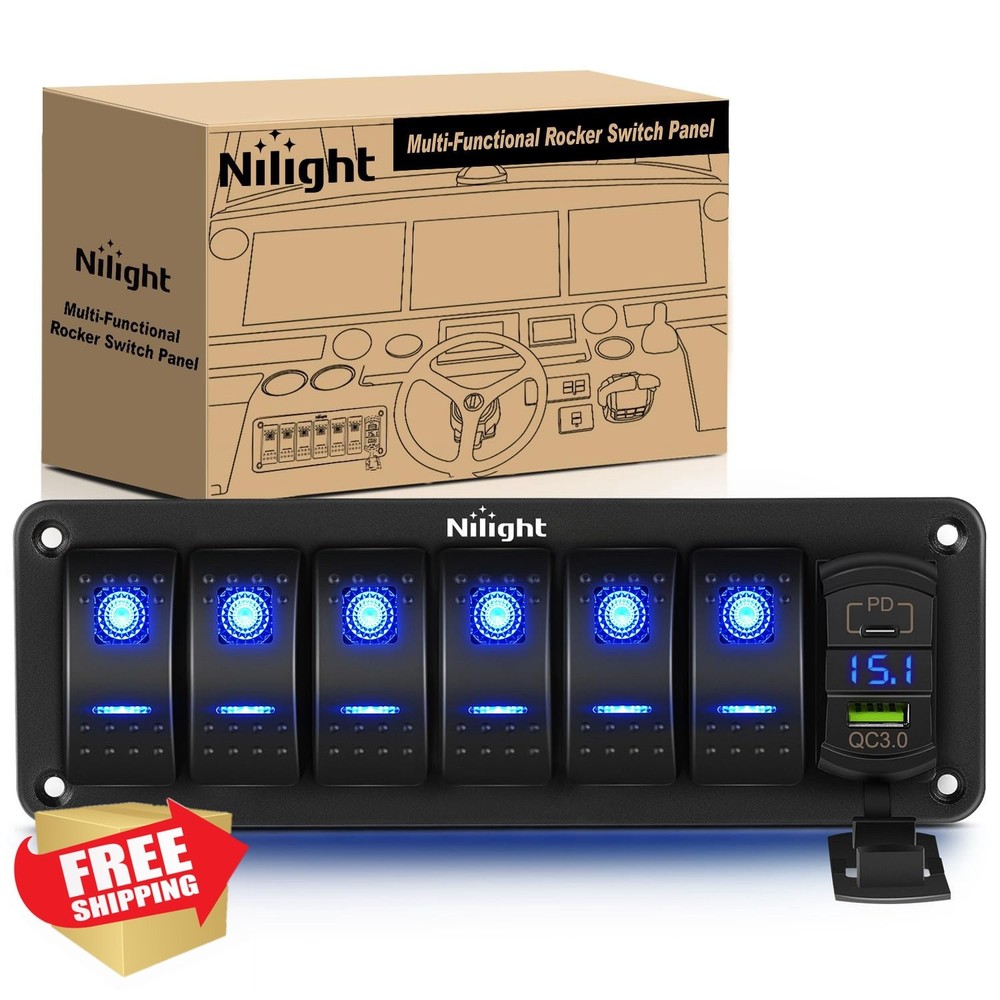 Nilight 6 Gang Switch Panel USB PD Type C Voltmeter Blue Backlit
