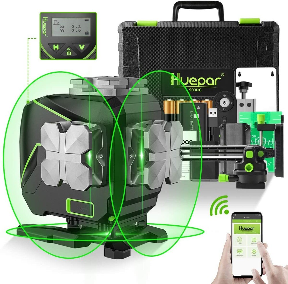 Huepar 3x360° Self-Leveling Bluetooth Connected Laser Level with LCD Screen