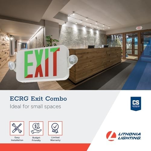 LED Exit Sign Emergency Light Combo, Switchable Red/Green, 2-Head Fixture, White