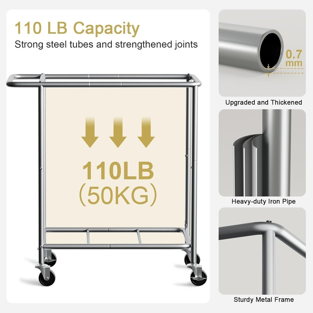 Double Laundry Hamper W/ Wheels,200L Rolling Laundry Basket 2 Section