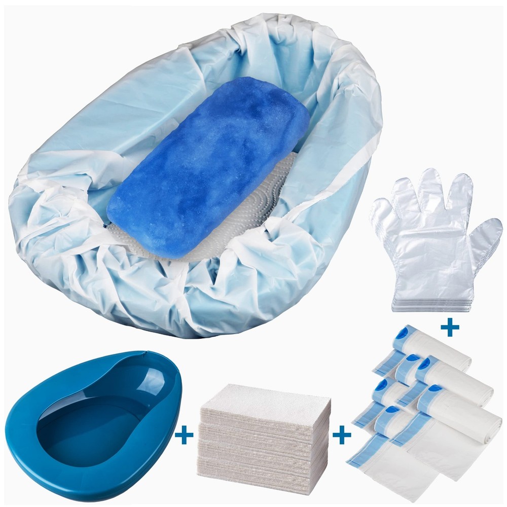 Bedpan Set with 30 Disposable Liners, Super Absorbent Pads & Gloves - Elderly Ca